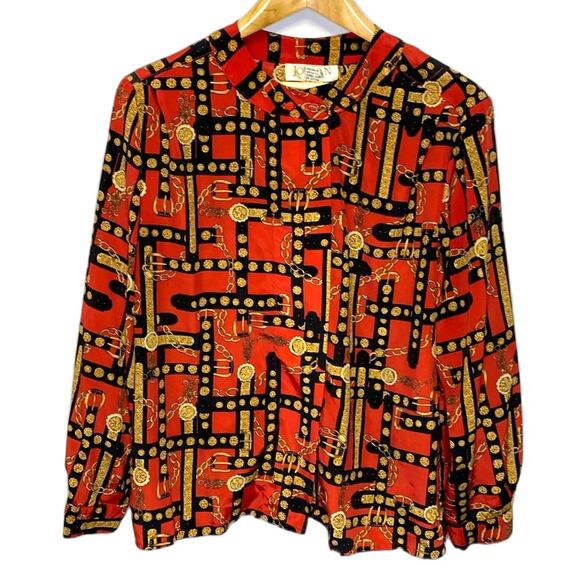 Vintage Jordan Red Gold Black Chain and Belt Print Long Sleeve Blouse Size 14 - Picture 10 of 13